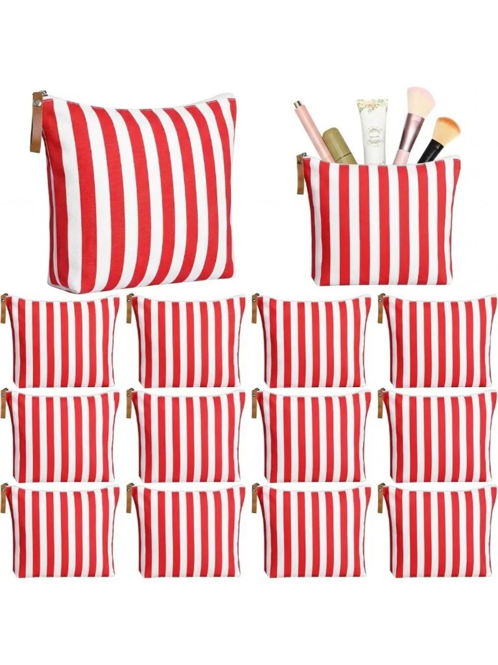 12 Pcs Red Striped Makeup Bags | Canvas Cosmetic Travel Toiletry Organizer Pouch
